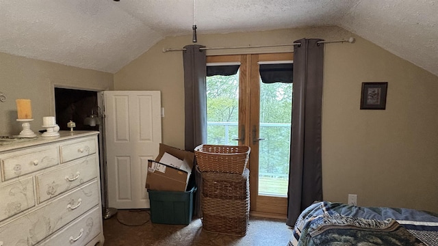 7741 White Birch St, Farwell, MI 48622 - bedroom featuring lofted ceiling, carpet floors, and a textured ceiling