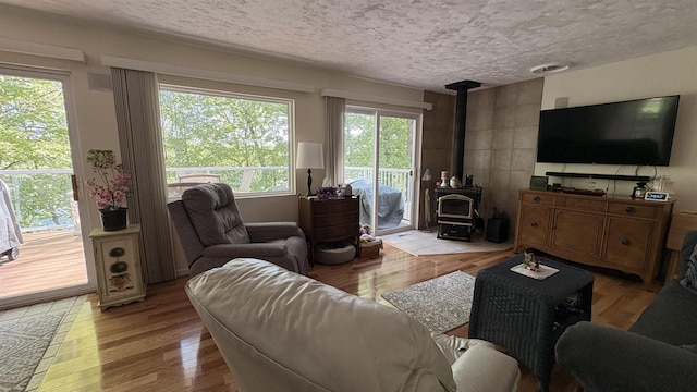 7741 White Birch St, Farwell, MI 48622 - living room featuring a wood stove, a textured ceiling, and light wood-style flooring