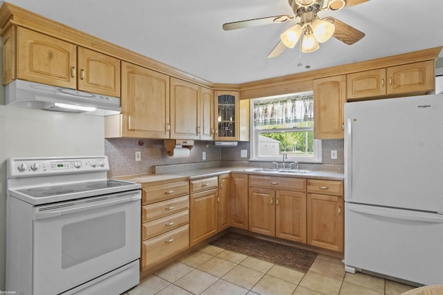 3710 N River Rd, Fort Gratiot, MI 48059 - kitchen featuring white appliances, under cabinet range hood, a sink, light countertops, and light tile patterned flooring