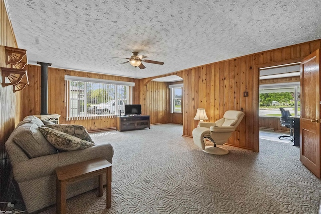 3710 N River Rd, Fort Gratiot, MI 48059 - living room with carpet flooring, wood walls, arched walkways, ceiling fan, and a wood stove