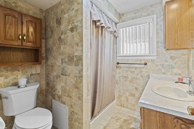 3710 N River Rd, Fort Gratiot, MI 48059 - full bathroom featuring tile walls, curtained shower, vanity, toilet, and tile patterned floors
