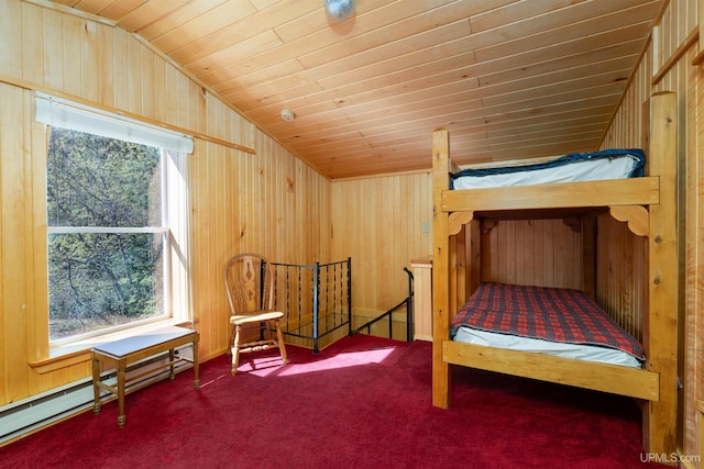 3159 N State Highway M94, Manistique, MI 49854 - bedroom featuring vaulted ceiling, a baseboard radiator, wood walls, carpet flooring, and wooden ceiling