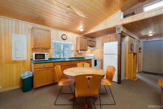 3159 N State Highway M94, Manistique, MI 49854 - kitchen featuring white appliances, electric panel, under cabinet range hood, wood ceiling, and a sink