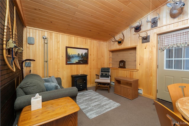 3159 N State Highway M94, Manistique, MI 49854 - living area with wooden walls, wood ceiling, carpet, a wood stove, and a baseboard heating unit