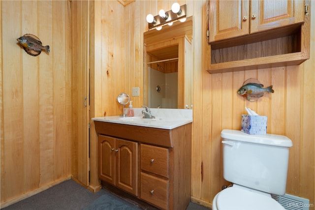 3159 N State Highway M94, Manistique, MI 49854 - full bath featuring wooden walls, a shower, toilet, and vanity