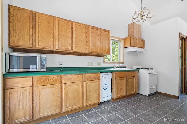 8413 Gay Park Rd, Lake Linden, MI 49945 - kitchen with white appliances, under cabinet range hood, a sink, a chandelier, and dark tile patterned flooring