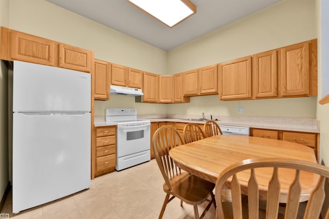 3582 David K Dr, Waterford, MI 48329 - kitchen featuring white appliances, under cabinet range hood, light brown cabinetry, light countertops, and a sink