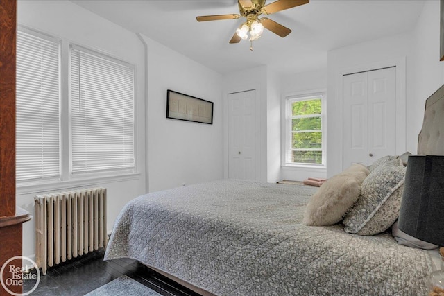 28800 Old N River Rd, Harrison Twp, MI 48045 - bedroom featuring radiator heating unit, two closets, wood finished floors, and a ceiling fan