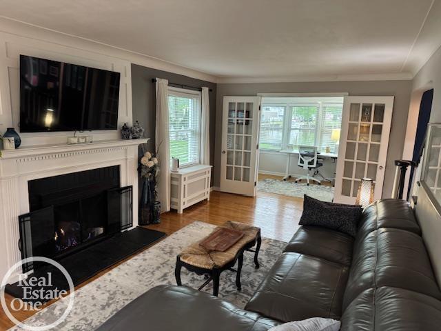 28800 Old N River Rd, Harrison Twp, MI 48045 - living area with crown molding, plenty of natural light, wood finished floors, french doors, and a fireplace with raised hearth
