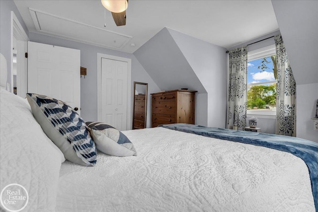 28800 Old N River Rd, Harrison Twp, MI 48045 - bedroom with attic access, lofted ceiling, a ceiling fan, and a closet