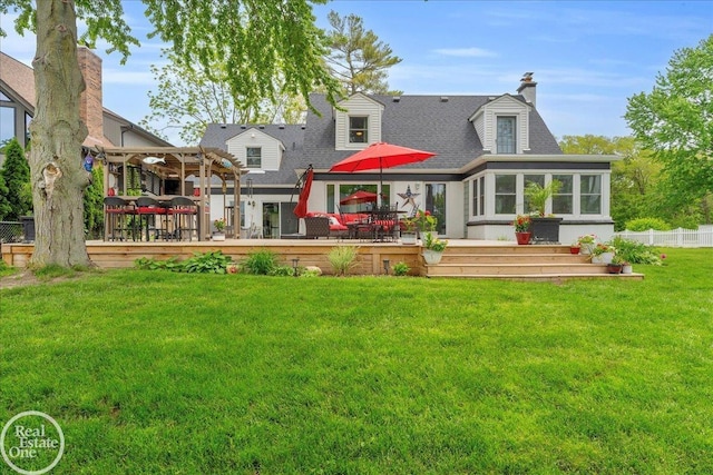 28800 Old N River Rd, Harrison Twp, MI 48045 - back of property featuring a pergola, a wooden deck, roof with shingles, a sunroom, and a chimney
