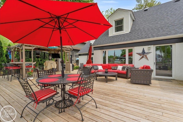 28800 Old N River Rd, Harrison Twp, MI 48045 - wooden terrace with outdoor dining area, an outdoor living space, and a gazebo
