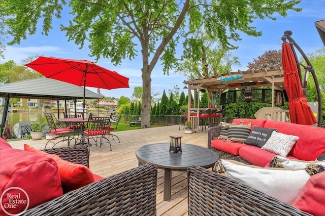 28800 Old N River Rd, Harrison Twp, MI 48045 - wooden terrace featuring an outdoor living space, outdoor dining area, and a pergola