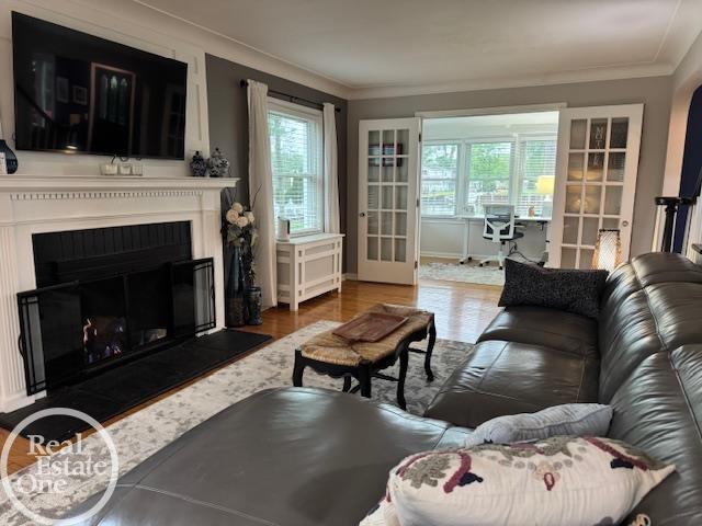 28800 Old N River Rd, Harrison Twp, MI 48045 - living area featuring crown molding, wood finished floors, and a glass covered fireplace