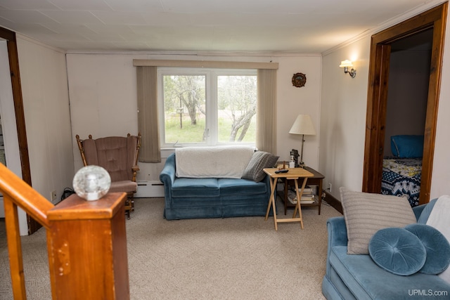 3110 County Road Fd Rd, Champion, MI 49814 - carpeted living room with a baseboard radiator and crown molding