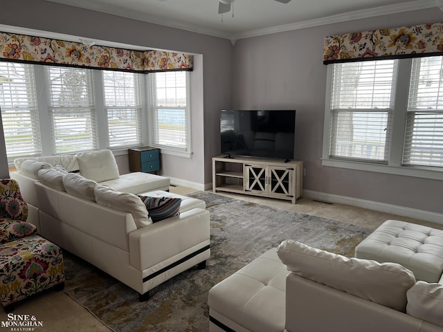 2740 River Rd, Marysville, MI 48040 - carpeted living room featuring baseboards, a ceiling fan, and ornamental molding