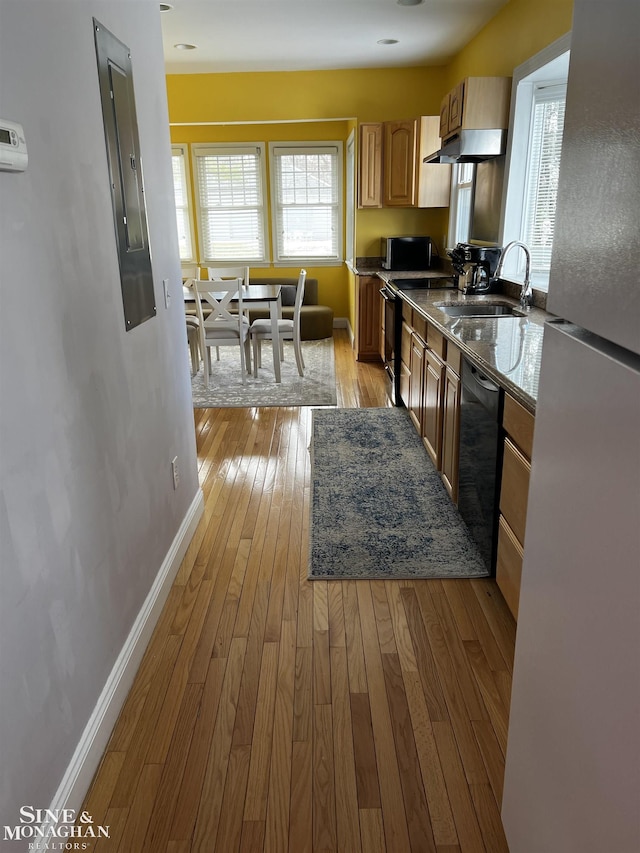 2740 River Rd, Marysville, MI 48040 - kitchen featuring black appliances, a sink, light wood-style flooring, baseboards, and electric panel