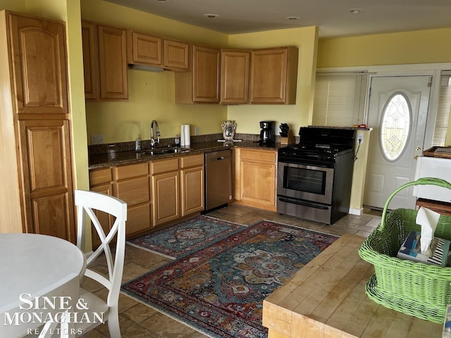 2740 River Rd, Marysville, MI 48040 - kitchen with stainless steel appliances, a sink, and dark tile patterned floors