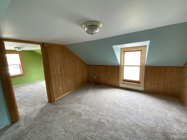 331 W Bluff St, Marquette, MI 49855 - additional living space with wooden walls, lofted ceiling, light carpet, and baseboards