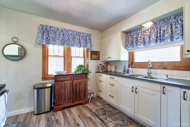 546N W Gulliver Lake Rd, Gulliver, MI 49840 - kitchen featuring a sink, dark countertops, wood finished floors, and white cabinetry