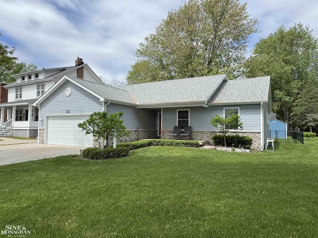 1741 Saint Clair River Dr, Algonac, MI 48001 - view of front facade featuring stone siding, a porch, and a garage