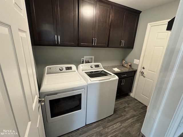 1741 Saint Clair River Dr, Algonac, MI 48001 - laundry room featuring separate washer and dryer, cabinet space, and dark wood-style floors
