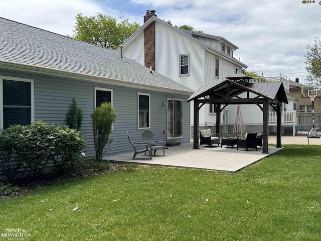 1741 Saint Clair River Dr, Algonac, MI 48001 - back of house featuring a gazebo, a chimney, a patio, a shingled roof, and an outdoor hangout area