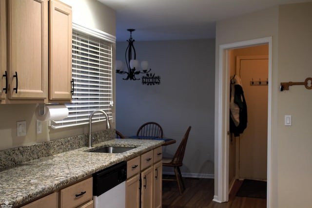 13304 Highland Cir, Sterling Heights, MI 48312 - kitchen featuring dishwasher, a sink, dark wood-style floors, light stone countertops, and a chandelier