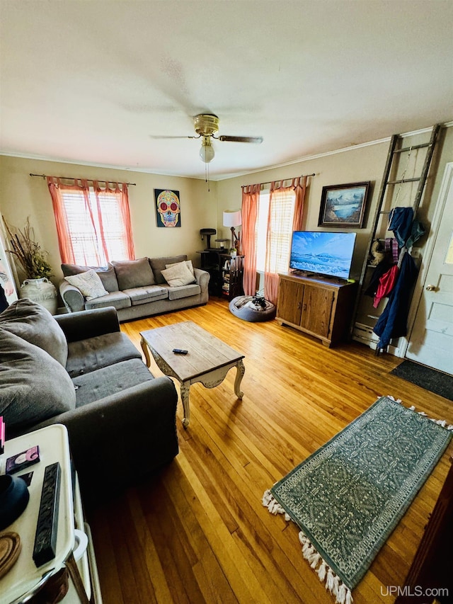 584 Elliott Ave, Ishpeming, MI 49849 - living area featuring healthy amount of natural light, wood finished floors, ceiling fan, and ornamental molding