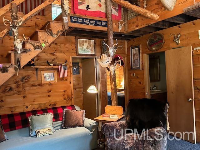 325 Mastodon Rd, Crystal Falls, MI 49920 - living area featuring wooden walls and a towering ceiling