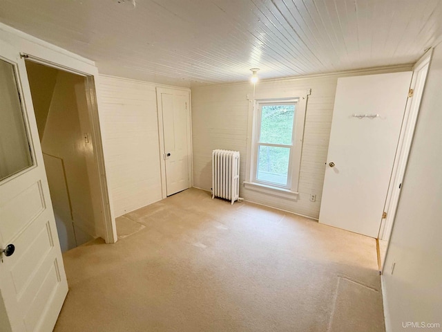 300 Jasper St, Ishpeming, MI 49849 - spare room featuring radiator heating unit, light colored carpet, and wood ceiling