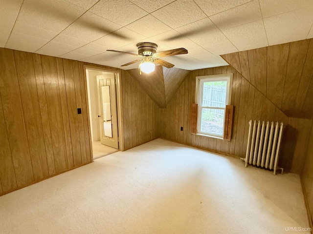 300 Jasper St, Ishpeming, MI 49849 - bonus room with radiator, wood walls, ceiling fan, carpet, and lofted ceiling