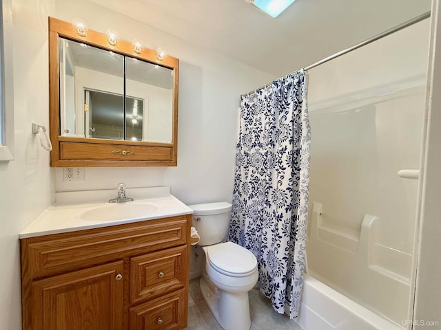 300 Jasper St, Ishpeming, MI 49849 - bathroom with toilet, vanity, tile patterned flooring, and shower / bath combo with shower curtain