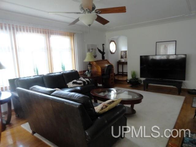 201 E Jewell St, Munising, MI 49862 - living area with plenty of natural light, a ceiling fan, and light wood finished floors