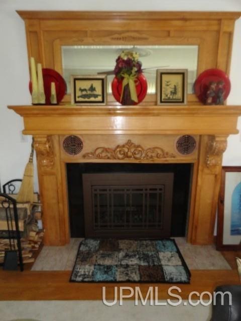 201 E Jewell St, Munising, MI 49862 - detailed view of wood finished floors and a glass covered fireplace