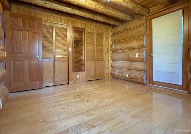 6856 Five Mile Point Rd, Allouez, MI 49805 - spare room with wooden ceiling with exposed beams, hardwood / wood-style flooring, and log walls