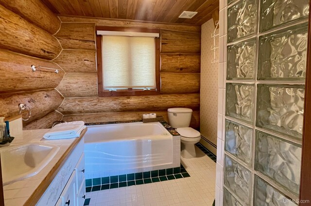 6856 Five Mile Point Rd, Allouez, MI 49805 - full bath with wooden ceiling, toilet, log walls, vanity, and tile patterned floors