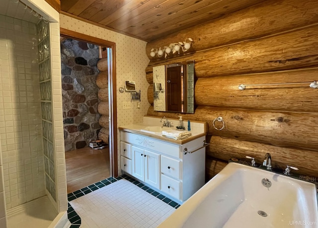 6856 Five Mile Point Rd, Allouez, MI 49805 - bathroom with rustic walls, vanity, a tub, and wooden ceiling