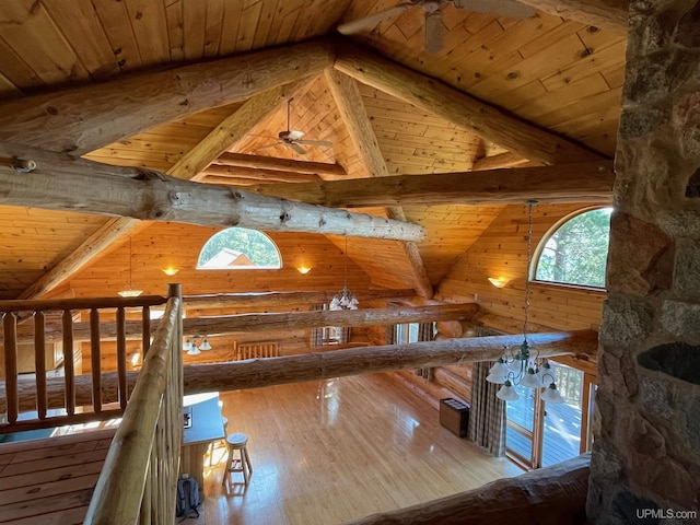 6856 Five Mile Point Rd, Allouez, MI 49805 - unfurnished bedroom featuring wood ceiling with exposed beams, hardwood / wood-style flooring, and high vaulted ceiling
