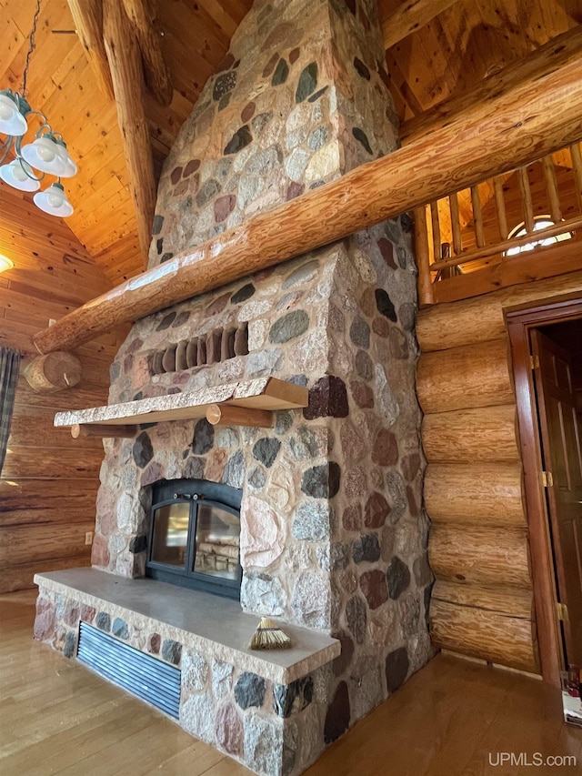 6856 Five Mile Point Rd, Allouez, MI 49805 - detailed view of wood ceiling with exposed beams, log walls, a fireplace, and wood finished floors