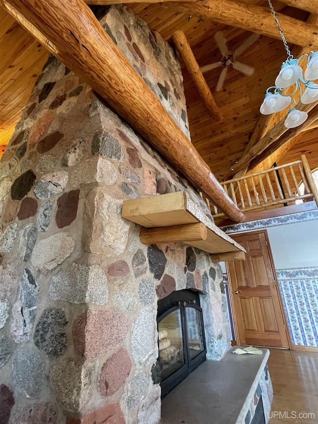6856 Five Mile Point Rd, Allouez, MI 49805 - detailed view of wood ceiling with exposed beams, a stone fireplace, and wood finished floors