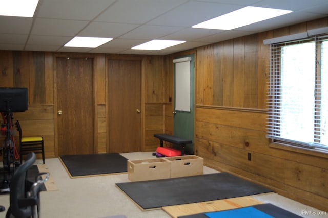 1001 Spruce St, Houghton, MI 49931 - workout room featuring wood walls, plenty of natural light, and a paneled ceiling