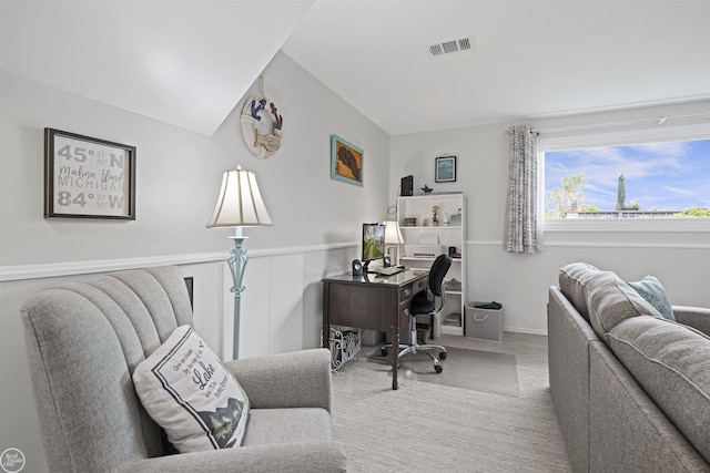 8878 Arlington Rd, White Lake, MI 48386 - home office featuring carpet floors, wainscoting, and vaulted ceiling