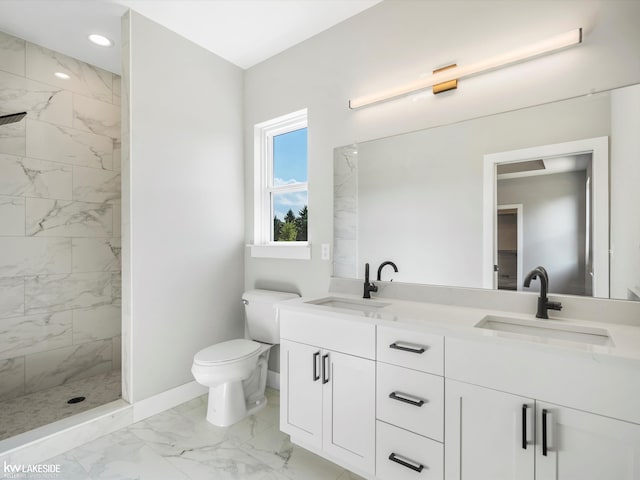 55127 Saint Paul Dr, Macomb Twp, MI 48042 - full bath featuring marble look tile flooring, double vanity, toilet, a marble finish shower, and baseboards