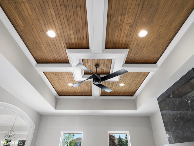 55127 Saint Paul Dr, Macomb Twp, MI 48042 - detailed view of wood ceiling with exposed beams, recessed lighting, coffered ceiling, ceiling fan, and crown molding