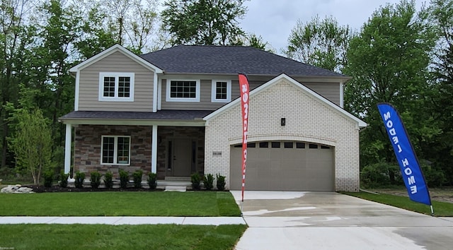 29126 Brooke Meadows Ct, Chesterfield, MI 48047 - view of front facade featuring concrete driveway, a front yard, covered porch, an attached garage, and roof with shingles