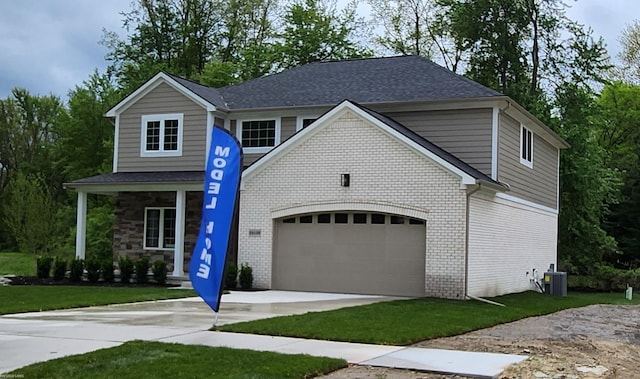 29126 Brooke Meadows Ct, Chesterfield, MI 48047 - view of front of house with driveway, brick siding, an attached garage, central air condition unit, and a front yard