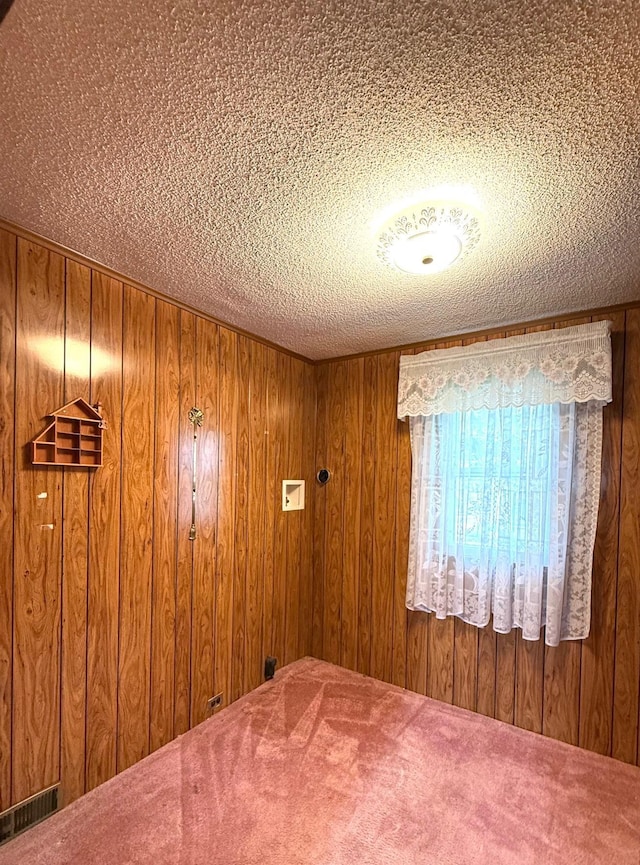 265 Lagoon Beach Dr, Bay City, MI 48706 - unfurnished room featuring wooden walls, carpet flooring, and a textured ceiling