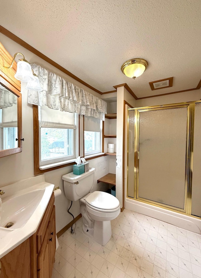 265 Lagoon Beach Dr, Bay City, MI 48706 - full bath featuring vanity, toilet, a shower stall, a textured ceiling, and ornamental molding