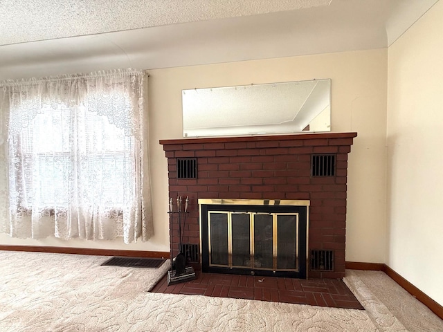 265 Lagoon Beach Dr, Bay City, MI 48706 - detailed view of carpet flooring, a brick fireplace, and baseboards